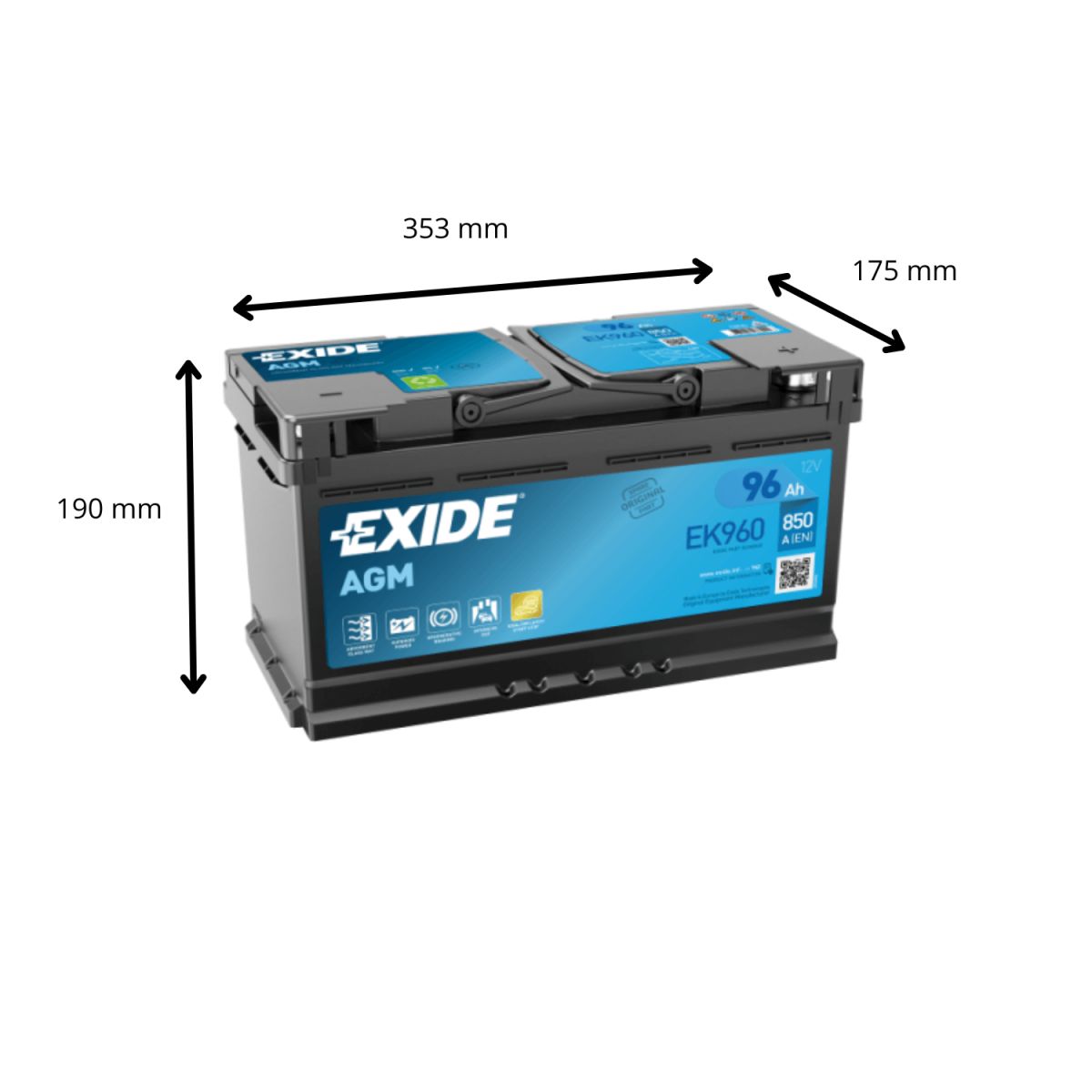 12 VOLT 96 Ah 850 EN START & STOP AGM Düz Kutup L5 353 mm X 175 mm X 190 mm AGM-RADIAL AVRUPA MODEL ARAÇLAR